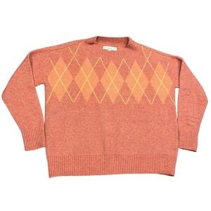 LOFT Womens Medium Argyle Crew Neck Sweater Orange Pink Wool Blend Preppy 574070